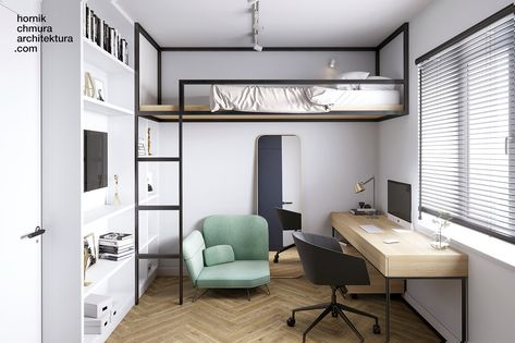 Loft Bed Office Ideas, Loft Bed Aesthetic, Ideas For Small Rooms Bedroom, Ladder Loft, Kids Loft Bed, Lofted Bed, Beds Loft, Loft Beds For Small Rooms, Apartemen Studio