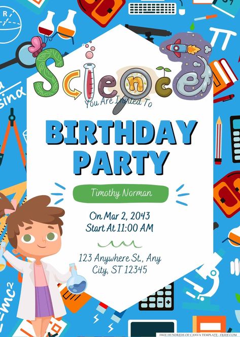 Science Lab Birthday Invitation Templates Check more at https://www.fridf.com/science-lab-birthday-invitation-templates/ Science Invitations, Science Birthday Party, Science Day, Birthday Party Invitations Free, Science Birthday, Science Party, Birthday Invites, Creative Learning, Science Lab