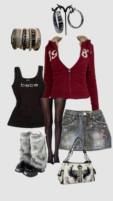 christmas y2k outfit #myfirstshuffle #y2k #outfit #christmas #winter #winteroutfit Thrifted Outfits Skirts, Trapper Hat Outfit Y2k, 2000s Christmas Outfit, Christmas Y2k Outfit, 2k Clothes, Y2k Winter Outfits Aesthetic, Jennifer Body Outfits, Y2k Christmas Outfits, Mcbling Winter Outfits