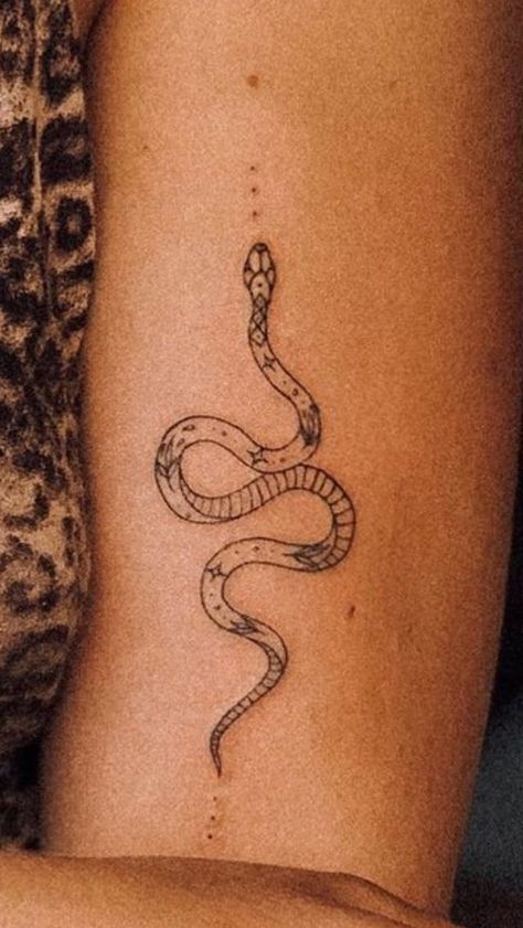 Fine Line Snake Tattoo, Snake Tattoo Arm, Tattoo Ideas Snake, Fine Line Tattoo Designs, Tattoos Classy, Line Tattoo Designs, Small Back Tattoos, Petit Tattoo, Snake Tattoo Design