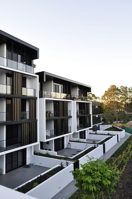 The Village @ Coorparoo, Brisbane - Retirement Village by S3 Architects    Building 1 - Internal Village Elevation with Ground Floor Terraces Beauty Closet, Townhouse Designs, Apartment Architecture, Architecture Home, Building Facade, Building Exterior, Architecture Exterior, Facade Architecture, Facade Design