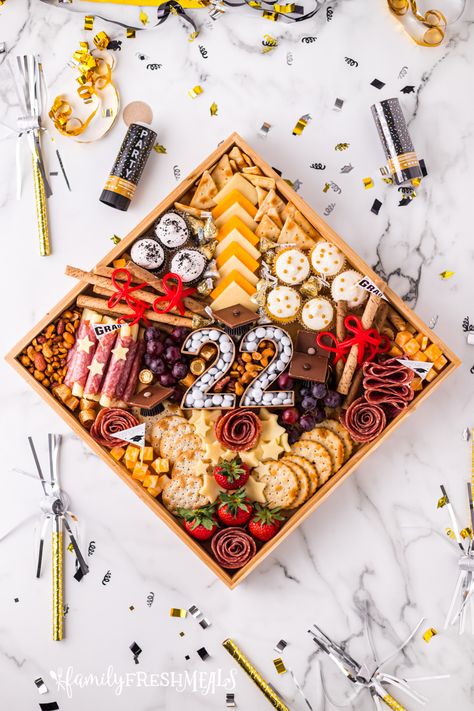 All the hard work has paid off and now it's time to party. For your gathering try creating this fun Graduation Appetizer Charcuterie Board. College Graduation Charcuterie Board, 21st Charcuterie Board, Mixed Charcuterie Board, Personal Sized Charcuterie Board, Black And Gold Charcuterie Board, Graduation Charcuterie Board 2024, Graduation Charcuterie Table, Charcuterie Board For Graduation Party, 2023 Charcuterie Board