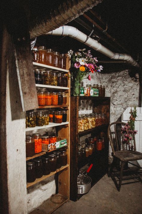 Canning Shelf Ideas, Canning Aesthetic, Canning Jar Storage Ideas, Canning Room, Root Cellar Storage, Canning Storage, Canning Jar Storage, Simply Aesthetic, Basement Staircase