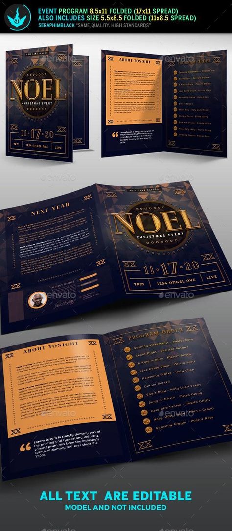 Noel Christmas Gala Program Template - GraphicRiver #brochure #design #BrochureTempate #InfoBrochure #BestDesignResources Gala Program Booklet Design, Gala Program, Print Design Brochure, Christmas Fonts Alphabet, Holiday Calligraphy, Christmas Gala, Arrow Tattoos For Women, Merry Christmas Font, Photoshop Program