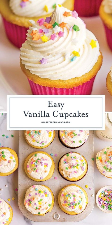 These EASY Vanilla Cupcakes with homemade vanilla buttercream are full of flavor and so easy to make! Top with festive sprinkles for fun! Simple Vanilla Cupcakes, Vanilla Cupcake Recipe Easy, Cupcake Recipes Vanilla, Vanilla Cupcakes Easy, Cupcakes Recipes Vanilla, Small Batch Vanilla Cupcakes, White Cupcake Recipe, Easy Vanilla Cupcake Recipe, Basic Cupcake Recipe