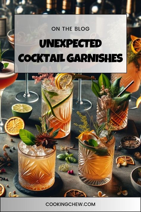 A collection of unexpected cocktail garnishes, including a pickled onion, a smoked rosemary sprig, and an edible flower. Unique Cocktail Garnish, Cocktail Garnishes, Drink Garnishing, Unique Drink, Colorful Cocktails, Cocktail Garnish, Unique Cocktails, Fancy Drinks, Pickled Vegetables