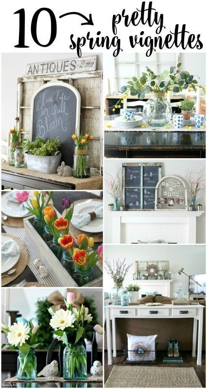 10 Pretty Spring Vignettes for Diy Decor Spring Living Room Decorating Ideas, Spring Decorating Ideas For The Home, Spring Vignettes, Spring Farmhouse Decor, Farmhouse Spring Decor, Spring Mantle Decor, Rustic Easter Decor, Farmhouse Easter Decor, Spring Farmhouse