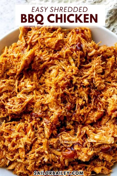 Enjoy this flavorful Shredded BBQ Chicken with my homemade BBQ sauce. This summer staple is easy enough for an easy dinner recipe busy weeknights while being a guaranteed hit for cookouts and BBQs. Serve it as a sandwich, make it into a wrap, or serve it on its own as a delicious appetizer! Shredded Bbq Chicken Oven, Boiled Bbq Chicken, Good Supper Ideas, Bbq Chicken Sandwich Sides, Bbq Shredded Chicken Recipes, Shredded Bbq Chicken Recipes, Chicken Party Food, Chicken Bbq Sandwich, Quick Bbq Chicken