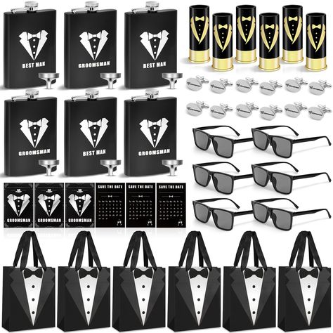 PRICES MAY VARY. Groomsmen Gift Set: The package contains 6 flasks, 6 funnels, 6 wine glasses, 6 sunglasses, 6 pairs of cufflinks, 6 calendar cards, 6 gift bags, you will receive 6 sets of groomsmen gift. Classic Design: These groomsmen gifts are printed with classic tuxedo patterns, and printed with the text, mainly in black and white tones, showing a stylish and delicate appearance. Suitable Size: The size of the wine glass is about 3.5"*1.4", the size of the groomsman flask is about 5.3"*3.5" Groomsman Flask, Wedding Bridal Party Gifts, Bridesmaid Groomsmen Gifts, Groomsmen Flask, Calendar Cards, Groomsmen Gift Set, Classic Tuxedo, Groomsmen Wedding, Gifts Set