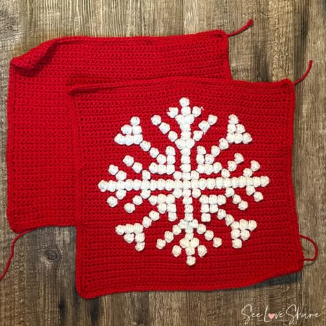 SeeLoveShare | Snowflake Bobble Stitch Holiday Pillow Cover – Free Crochet Pattern Bobble Stitch Crochet Snowflake, Crochet Christmas Tree Bobble, Crochet Snowflake Pillow Pattern, Crochet Snowflake Pillow, Crochet Snowman Pillow, Bubble Crochet Stitch, Crochet Crib Blanket, Bobble Stitch Crochet Blanket, Bobble Stitch Crochet