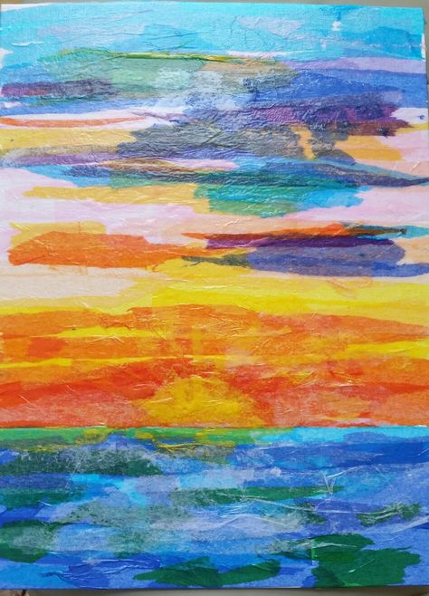 Sunset tissue paper collage, at home Tissue Paper Landscape, Colored Tissue Paper Art, Tissue Paper Collage Art Ideas, Tissue Paper Art For Adults, Tissue Paper Collage Art, Art Ideas Black And White, Paper Collage Art Ideas, Collage Sunset, Reflection Room