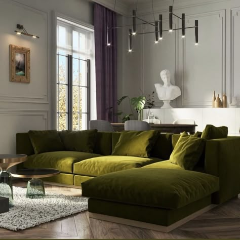 Olive Couch Living Room, Velvet Couch Living Room Ideas, Olive Green Couch, Olive Green Couches, Green Couch Living Room, Neoclassical Interior Design, Green Sofa Living Room, Neoclassical Interior, Creative Wall Art