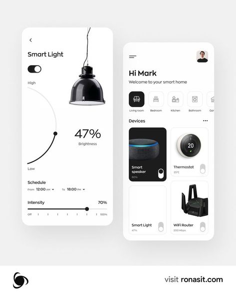 Coming back to you with our fresh shot — smart home app! This app allows users to manage various types of devices in smart houses.

The home page displays the list of rooms and devices. The second screen displays a toggle for switching the light, and scales for setting light brightness, intensity, and schedule. App For Design, Tech App Design, Product App Design, Home Page Ui Design Mobile App, Smart House Design, Smart Home App Design, Baking Coquette, App Home Page, To Do List App