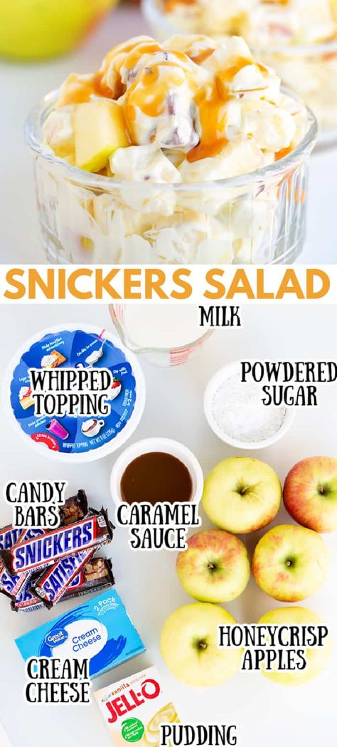 Fruit Salad With Snickers, Snickers Apple Dessert, Snickers Apple Salad With Cream Cheese Cool Whip, Snickers Salad With Pudding, Snickers Apple Salad With Pudding, Fall Fluff Salad, Snickerdoodle Salad, Caramel Apple Salad Snickers, Candy Apple Salad Recipe