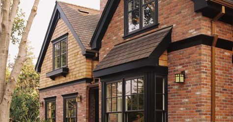 black trim aluminum clad windows | red brick house with black trim - Google Search ... Black Window Trim, Black Windows Exterior, Black Window Trims, Exterior Siding Colors, Exterior House Colors With Brown Roof, Exterior House Colors Ranch Style, Exterior House Colors Combinations, Liz Marie, Liz Marie Blog