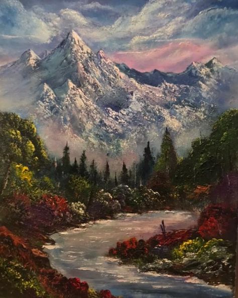 Bob Ross Aesthetic, Bob Ross Drawing Of Him, Bob Ross Mountains, Mountain Painting Bob Ross, Bob Ross Mountain Paintings, Paint Like Bob Ross, Bob Ross Ocean Painting, Bob Ross Snow Paintings, Bob Ross Paintings