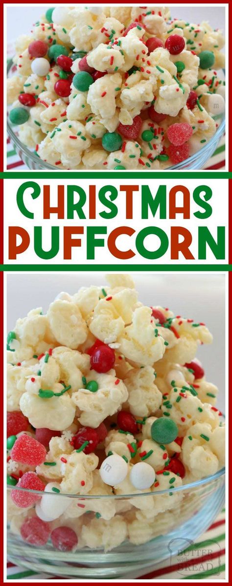 Christmas Candy Puffcorn made easy in minutes with almond bark coating buttery #puffcorn & topped with festive #holiday candies and sprinkles! Best neighbor #gift EVER! #WhiteChocolate coated Puffcorn for #Christmas #candy #homemade from Butter With A Side of Bread Puffed Corn Recipes, Holiday Candies, Christmas Crunch, Christmas Popcorn, Diy Easy Recipes, Christmas Recipes Easy, Popcorn Recipe, Christmas Sprinkles, Christmas Candy Recipes