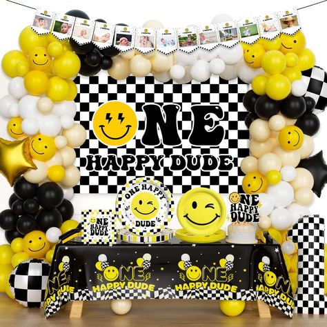 PRICES MAY VARY. 🙂 HAPPY FIRST BIRTHDAY – Join us in a vibrant celebration of your little one’s first milestone with this One Happy Dude birthday decorations. The black and white checkered patterns and bright yellow accents transform this birthday into a joyful and colorful affair. Create lifetime memories on this special day! ⚡ ONE HAPPY DUDE BIRTHDAY DECORATIONS INCLUDES - 90 x 12’’ latex balloons | 20 x 10’’ smile face latex balloons | 40 x 5’’ latex balloons | 5 x foil balloons | 1 x backdr 1st Birthday Decorations Boy, Dude Birthday Party, One Happy Dude Birthday, Dude Birthday, One Cool Dude, Backdrop Balloon, One Happy Dude, 2nd Birthday Party For Boys, One Year Birthday