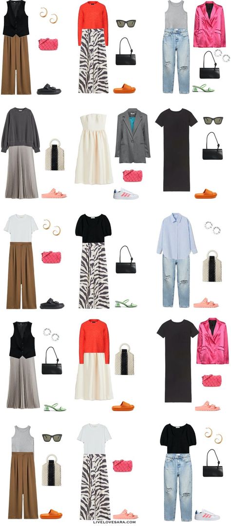 A white background with 15 outfits from building a budget summer capsule wardrobe. Summer Capsule Wardrobe 2022, Capsule Wardrobe 2022, Plus Size Capsule Wardrobe, Project 333, Capsule Wardrobe Checklist, 2022 Outfits, Capsule Wardrobe Women, Budget Outfits, Simple Summer Outfits