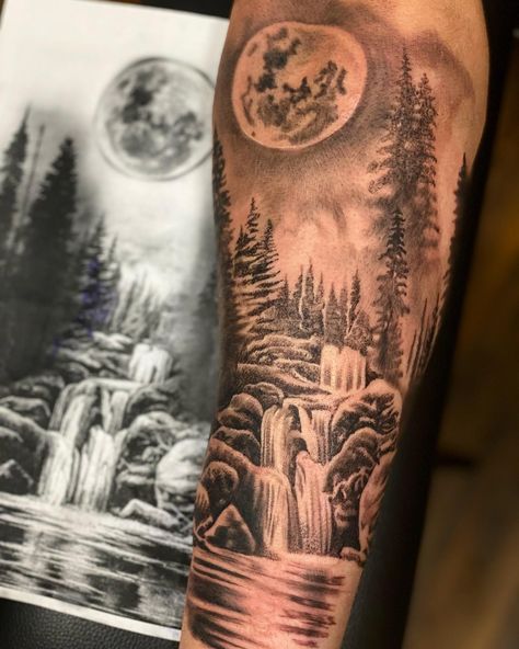 @hardworksingh did this realistic black and grey nature tattoo with a waterfall, moon and trees. Moon Waterfall Tattoo, Moon And Clock Tattoo, Water Fall Tattoo Design, Waterfall Tattoos For Women, Nature Scene Tattoo For Women, Realistic Forest Tattoo, Waterfall Tattoo Ideas For Women, Waterfall Tattoo Design, Waterfall Tattoo Ideas