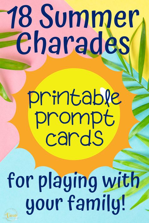 This summer charades printable game is great for family fun. Print it free for your next game night in the summer, or as a kids boredom buster. #summercharades #printablegame #kidsactivities #kidssummergames #familygamenight Scategories Lists, Summer Charades, Bubble Wrap Crafts, Beach Bingo, Backyard Games Kids, Road Trip Journal, Charades For Kids, Water Play For Kids, Summer Activities For Toddlers