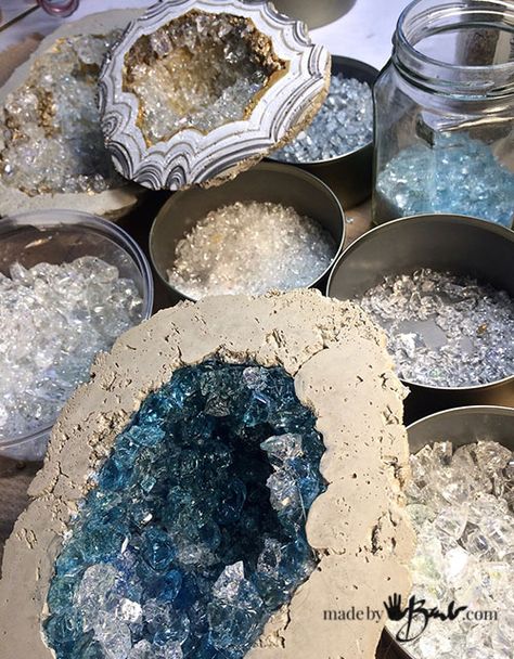 DIY Giant Concrete Geode - Made By Barb - Simple step by step instructions to cast, paint and add crystals to create huge geodes and gem artifacts Taman Air, Growing Crystals, Cement Diy, Cement Art, Concrete Diy Projects, Geode Art, Concrete Crafts, Concrete Projects, Cement Crafts