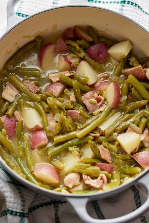 Green Bean Potato Soup, Ham String Beans And Potatoes, Green Beans And Potatoes In Oven, Green Beans With Bacon And Potatoes, Canning Green Beans With Bacon, Potato Green Bean Recipes, Dutch Oven Green Beans, Ham Green Beans And Potatoes Stove Top, Green Bean Ham And Potatoes