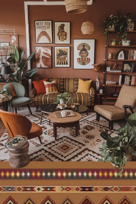 Discover how to transform your space with Afrohemian decor. Blend earthy tones, bold patterns, and cultural accents to create a stylish, one-of-a-kind living environment. Perfect for adding character and a touch of African-inspired elegance to your home.  #AfrohemianDecor #CulturalAccentDecor #EarthyTonesDesign #BohoAfricanStyle #BoldPatternDecor #AfrocentricDesignIdeas #UniqueInteriorDecor Afro Bohemian Living Room, Afrobohemian Home Decor, African Boho Living Room, Afrohemian Decor, Bold Patterns, Bohemian Living Room, Living Environment, Boho Living Room, African Inspired