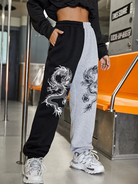 Chinese Dragon Print Two Tone Slant Pocket Sweatpants | SHEIN USA Two Tone Sweatpants, Dragon Sweatpants, Dragon Outfit, Sweatpants Shein, Cool Sweatpants, Y2k Sweatpants, Hotel Ads, Women Sweatpants, Oversized Sweatpants