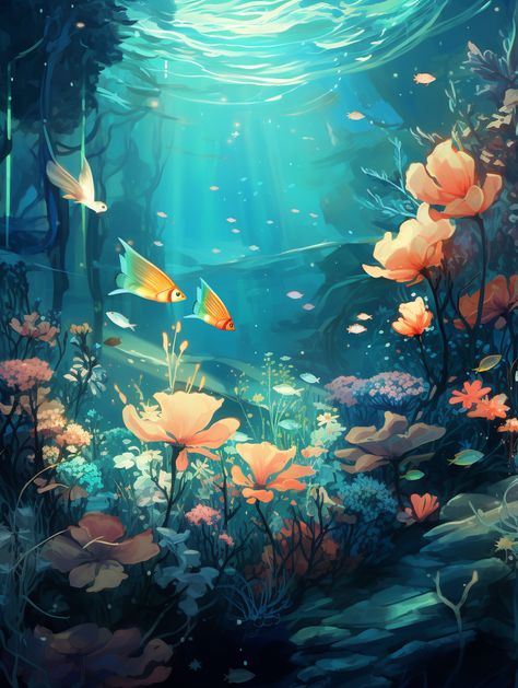 Underwater Garden Art, Underwater Mermaid Art, Fantasy Underwater Art, Underwater Illustration Art, Underwater Art Illustration, Underwater World Illustration, Underwater World Art, Under Water Art, Flowers Underwater