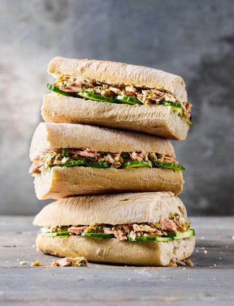 The new tuna baguette recipe | Sainsbury's Magazine Tuna Baguette, Canned Salmon Recipes, Baguette Sandwich, Tuna Mayo, Baguette Recipe, Panini Sandwiches, Tuna Sandwich, Turkey Cheese, Summer Baking