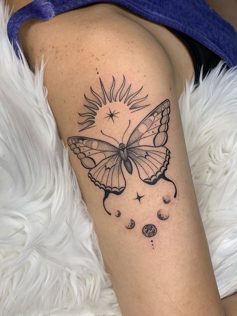 Lightly Shaded Tattoos, Butterfly Thigh Tattoo, Maching Tattoos, Unique Butterfly Tattoos, Unique Butterfly, Small Pretty Tattoos, Butterfly Tattoos, Tattoo Style Drawings, Butterfly Tattoo Designs