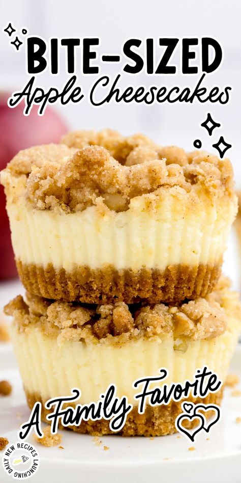 Our mini apple cheesecakes are full of so much yumminess including creamy cheesecake filling, juicy apples, and crumbly streusel. Apple Cheesecake Streusel, Apple Crumble Cheesecake Cupcakes, Apple Crumble Mini Cheesecake, Mini Apple Crumble Cheesecake, Apple Cheesecake Muffins, Mini Apple Pie Cheesecake Bites, Apple Crisp Mini Cheesecake Cupcakes, No Bake Mini Apple Cheesecakes, Apple Fritter Cheesecake