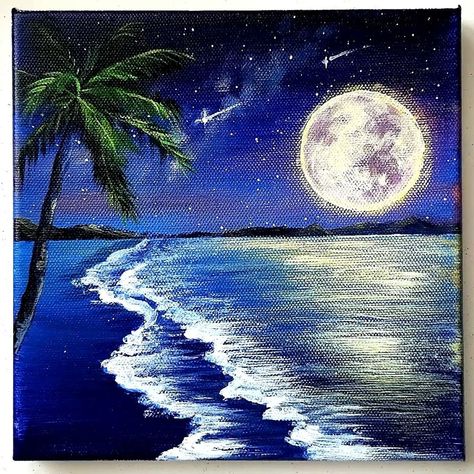 Oceanic Painting, Night Sea Painting Acrylic, Ocean Painting Ideas, Beach At Night Painting, Moon Beach Painting, Ocean At Night Painting, Waves Acrylic Painting, Moonlight Beach Painting, Moonlight Over The Ocean Painting