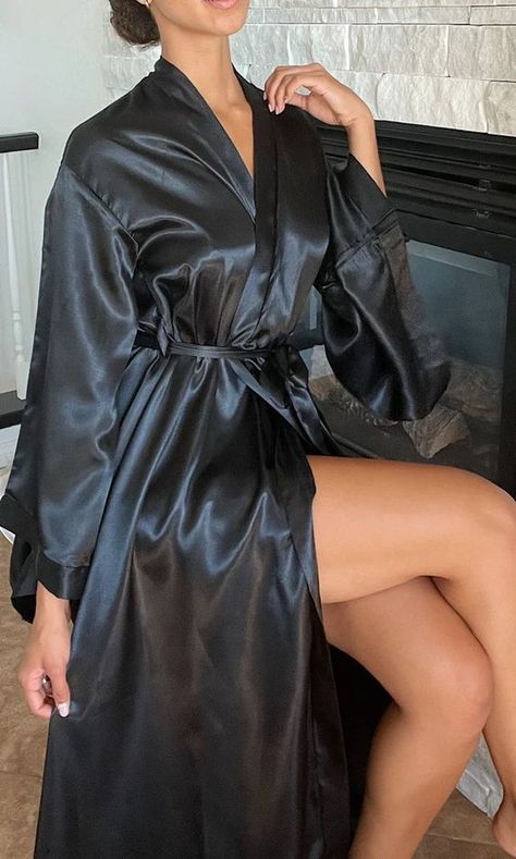 Black Satin Robe Aesthetic, Silk Black Robe, Shadow Raven, Black Silk Robe, Aliexpress Dresses, Black Satin Robe, Luxury Robes, Silky Robe, Girls Robes