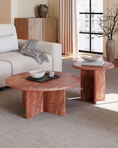 Travertine Round Coffee Table Set Introducing our Travertine Round Coffee Table Set - a stylish and elegant combination. This set includes a coffee table and side table, creating a warm and coordinated look. Elevate your living space with this sophisticated ensemble. #homedecoratıon #homedecoration #naturalstone #fanstonefurniture #table #homefurniture #decoration #homedecor #interior #decorativeart #gift #marblehome #marblestone #interiordesign #marblefurniture #interiorinspo #luxurylifest... Round Tea Table, Coffee Table And Side Table, Round Coffee Table Sets, Marble Tables, Natural Cave, Marble Home, Travertine Coffee Table, Marble Furniture, Santa Margarita