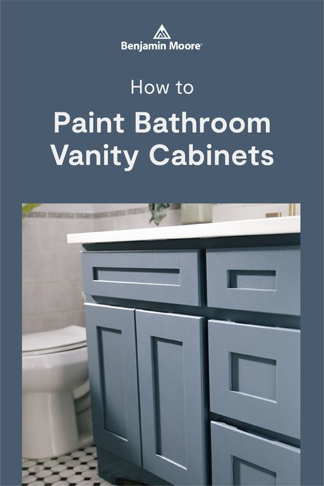 Bathroom Ideas Painted Vanity, Gray Blue Bathroom Cabinets, Painting A Bathroom Cabinet, Best Paint For Bathroom Vanity, Behr Vanity Paint Color, Small Bathroom With Blue Vanity, Navy Blue Bathroom Vanity Diy, Bathroom With Painted Cabinets, Marine Grey Bathroom Vanity