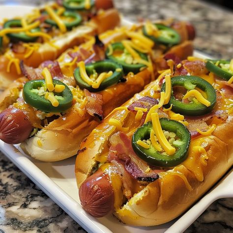 🌶️ Spice up your grill with Jalapeño Popper Hot Dogs! 🌭 #SpicyTreat 🍽️ Jalapeño Popper Hot Dogs 🛒 Ingredients: Hot dogs: 4 Jalapeños: 4, halved and seeded Cream cheese: 4 tbsp Shredded cheddar: 1/2 cup Bacon strips: 4, cooked Hot dog buns: 4 👩‍🍳 Instructions: Prepare: Stuff jalapeños with cream cheese and wrap with bacon. Grill: Cook hot dogs and jalapeños until done. Assemble: Place hot dogs in buns, top with jalapeños and cheddar. Serve: Enjoy your fiery feast! 🔥 Turn up the heat at you... Stuff Jalapeños, Cook Hot, Chilli Dogs, Bacon Grill, Jalapeno Cheese, Instagram Recipes, Cheese Dog, Yummy Comfort Food, Trending Recipes