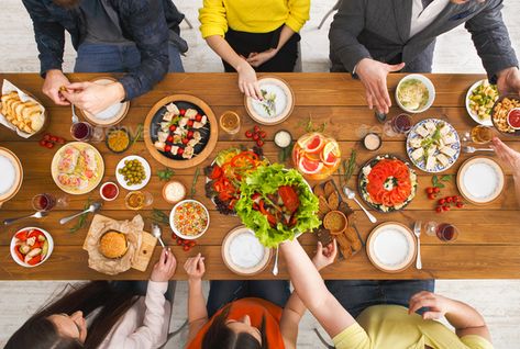 People eat healthy meals at served table dinner party by Prostock-studio. Friends dinner table top view. People eat healthy food together, home party#served, #table, #dinner, #meals Picnic Art, Sacrificial Lamb, Food Layout, Round Wooden Tray, Friends Dinner, Diy Background, Table Top View, Table Dinner, Dinner Meals