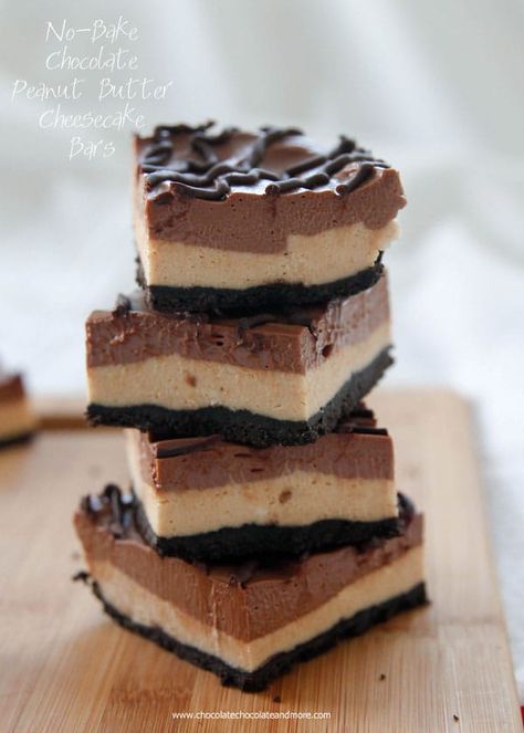 Perfect for those days when you don't want to turn on the oven-these No-Bake Chocolate Peanut Butter Cheesecake Bars taste just like eating a peanut butter cup. Chocolate Peanut Butter Cheesecake Bars, Peanut Butter Cheesecake Bars, Chocolate Peanut Butter Cheesecake, Cheesecake Squares, Peanut Butter No Bake, Chocolate And Peanut Butter, Dessert Aux Fruits, Peanut Butter Cheesecake, Desserts Vegan