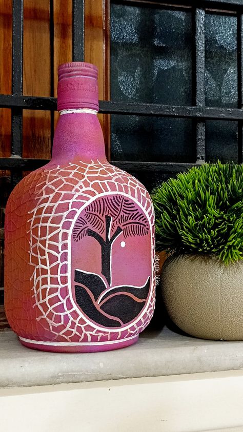 Bottleart or Bottle painting Morpheus Bottle Art, Old Monk Bottle Art Diy, Old Monk Bottle Painting, Old Monk Bottle Art, Bottle Art Ideas Paint, Unique Bottle Art, Bottles Painting, Bottle Work, Beer Bottle Art