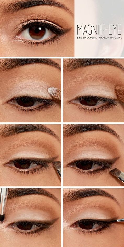 Whether you have smaller set eyes or simply want to enhance your eyes,here's a fantastic eye makeup trick that will help you achieve that look. Eye Enlarging Makeup, Teknik Makeup, Mekap Mata, Best Makeup Tutorials, Hair Curling Tutorial, Quick Makeup, Brown Eyeliner, Easy Makeup Tutorial, Smink Inspiration