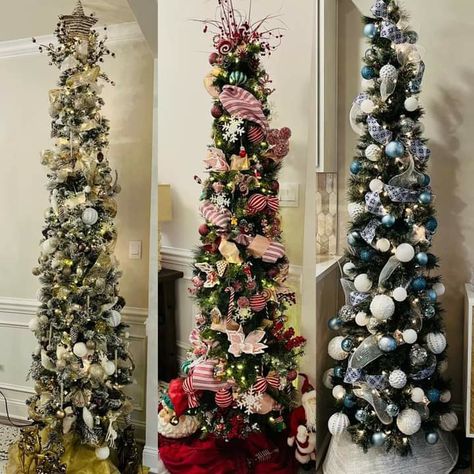 Slim Christmas Tree Decorated, Slim Christmas Trees Decorated, Slim Christmas Tree Ideas, Pencil Tree Decorating Ideas, Pencil Trees Decorating Ideas, Pencil Christmas Tree Ideas Decorating, Slim Xmas Tree, Christmas Tree Slim, Christmas Tree Inspo