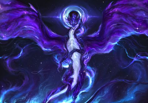 princess of stars, Aster Clarke on ArtStation at https://www.artstation.com/artwork/xJ5ONm Star Creature Fantasy Art, Astral Dragon Art, Cosmic Dragon Fantasy Art, Galaxy Dragon Art, Dnd Purple Dragon, Cosmic Dragon Art, Celestial Dragon Art, Space Dragon Art, Void Goddess