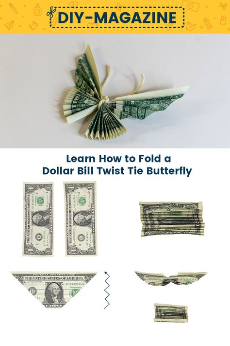 How to Make a Money Twist Tie Butterfly Money Butterfly Origami, Small Money Bouquet, Money Tower, Dollar Folding, Oragami Money, Money Butterfly, Butterfly Money, Origami Dollar Bill, Easy Money Origami