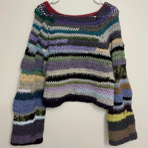 Crochet Scrap Sweater, Scrap Sweater, Scrap Yarn Sweater, Scrap Yarn Crochet Projects, Scrap Yarn Crochet, Crochet Jumper, Scrap Yarn, Yarn Sweater, Crochet Ladies Tops