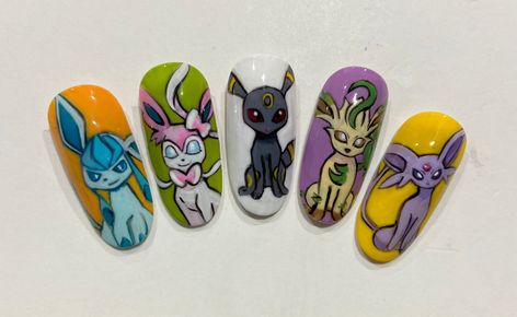 Evoluciones de Eevee Instagram: @lamelavietata Eevee Nails, Uwu Nails, Pokemon Nail Art, Pokemon Nails, Eevee Sylveon, Art Pokemon, Nails Press, Pokemon Eevee, Nail Idea