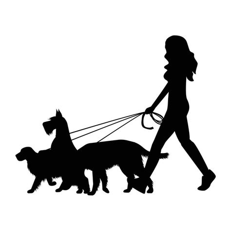 Woman walking dogs Dog Walking Cartoon, Dog Walking Silhouette, Dog Walking Drawing, Dog Walker Aesthetic, Woman Walking Dog, Dog Walking Logo, Dog Daycare Business, Walking Images, Walking Cartoon