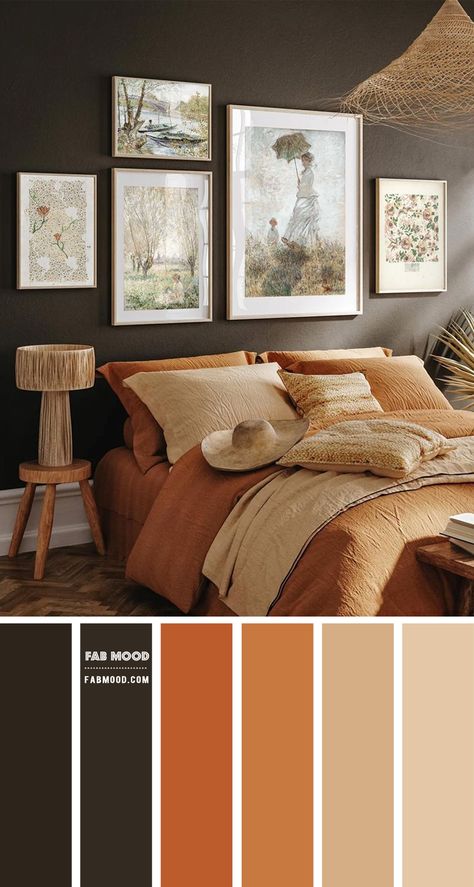 Burnt Orange Bedroom Color Scheme, Rust Bedroom Colour Palettes, Grey Cream And Terracotta Bedroom, Brown And Terracotta Bedroom, Terracotta Bedroom Palette, Dark Teal And Terracotta Bedroom, Black And Sand Bedroom, Sand Color Interior Design, Guest Bedroom Ideas Terracotta