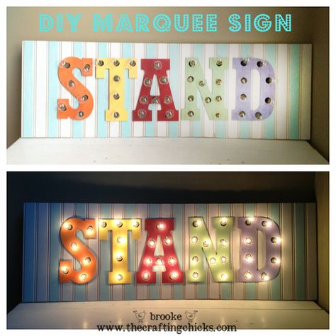 Make your own Marquee Sign with wooden letters, globe lights and beadboard! Tutorial on The Crafting Chicks. Camp Director, English Ideas, Gallery Ideas, Bead Board, Boutique Decor, Marquee Sign, Garden Whimsy, Marquee Letters, Florida House